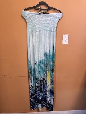 Just Love Light Blue & Teal Peacock Print Maxi Skirt